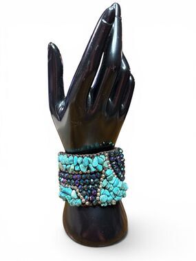 Handcrafted Faux Turquoise Leather Beaded Cuff Bracelet - Women
